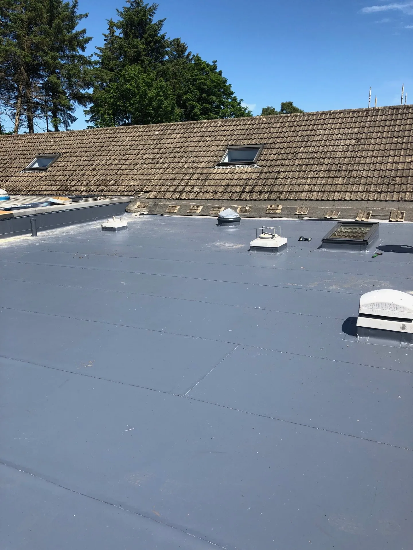 Finished single ply membrane warm roof overlay at Fairmile Church Edinburgh
