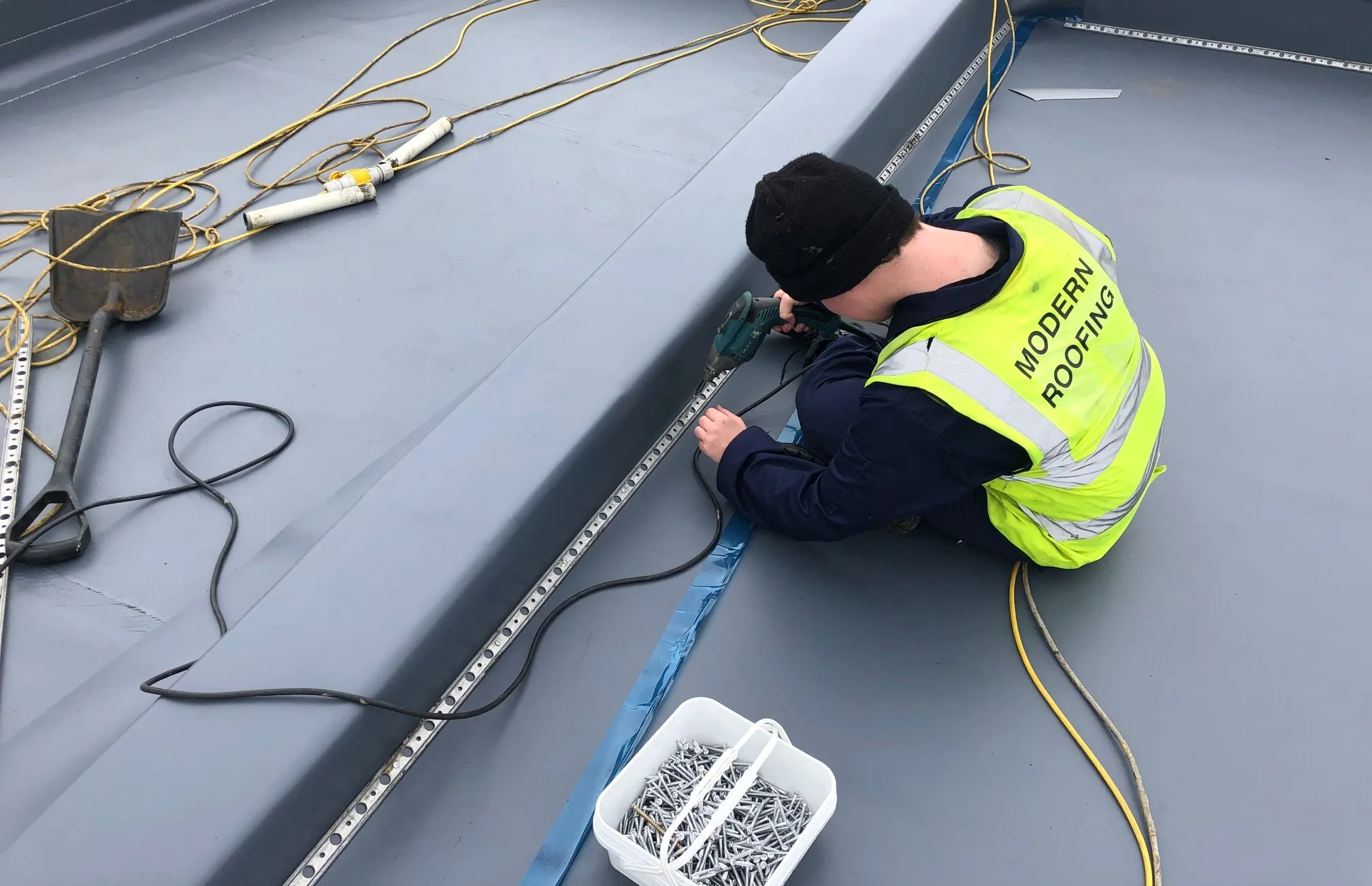Perimeter bar detail on single ply membrane roof at Fairmile Church Edinburgh