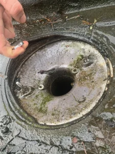Leaking roof outlet found during industrial roof drainage survey