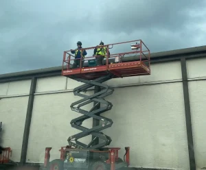 MEWP scissor lift used to access industrial roof survey area