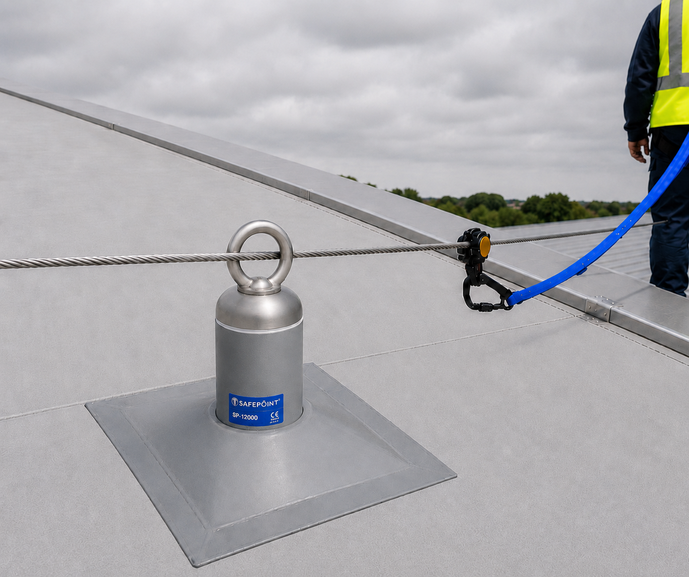 Roof safety line installation on an industrial roof